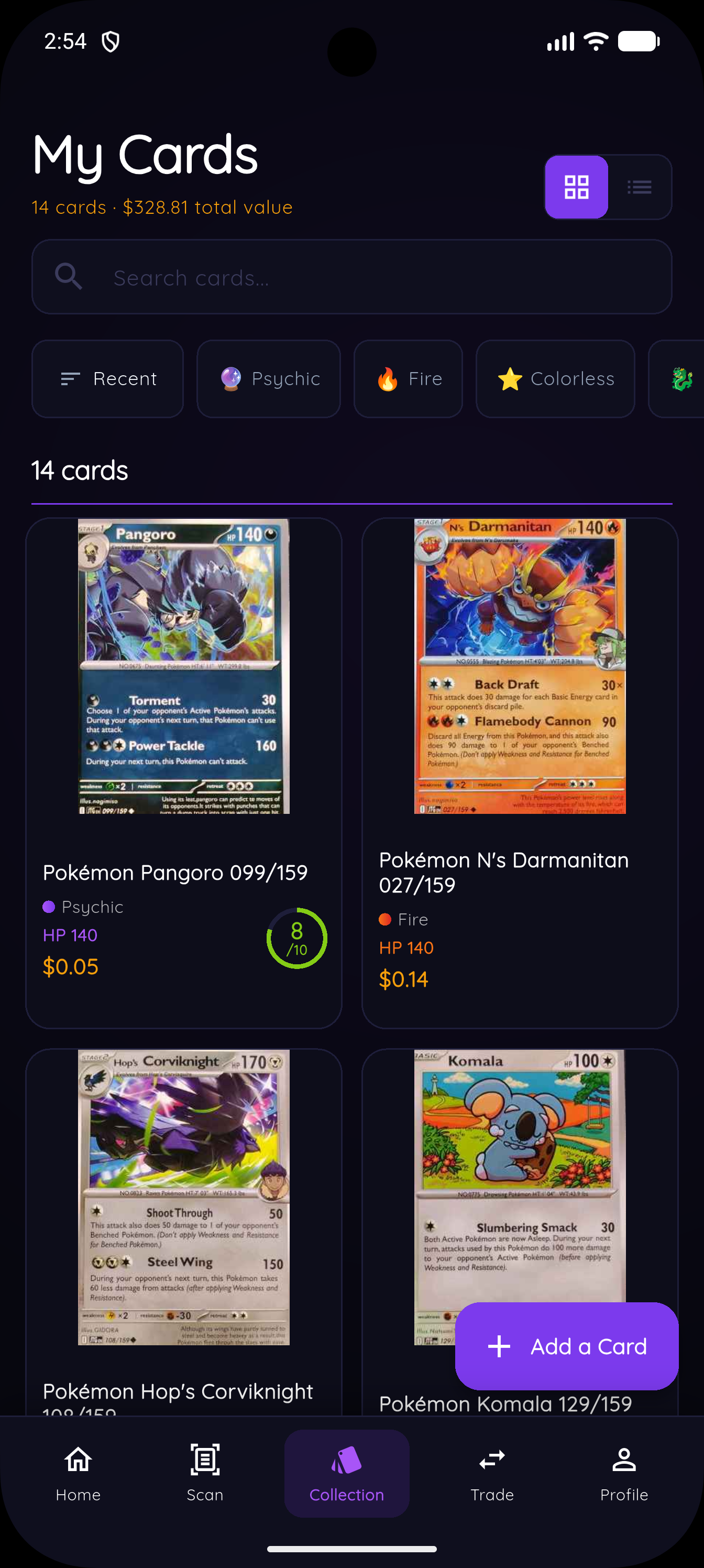 PokéVault app — collection view